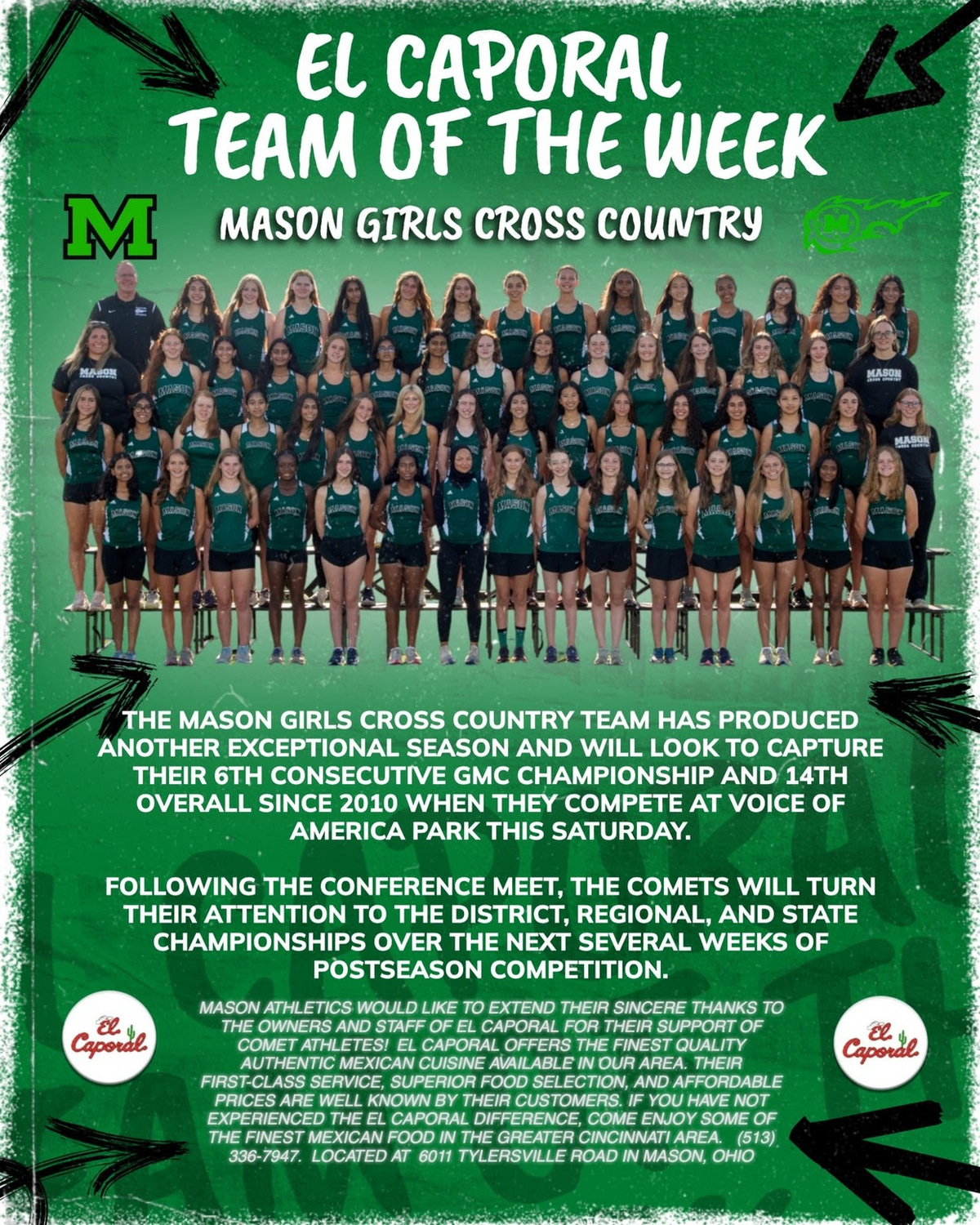 The Mason Girls Cross Country Team has been honored as this week’s El Caporal Team of the Week!